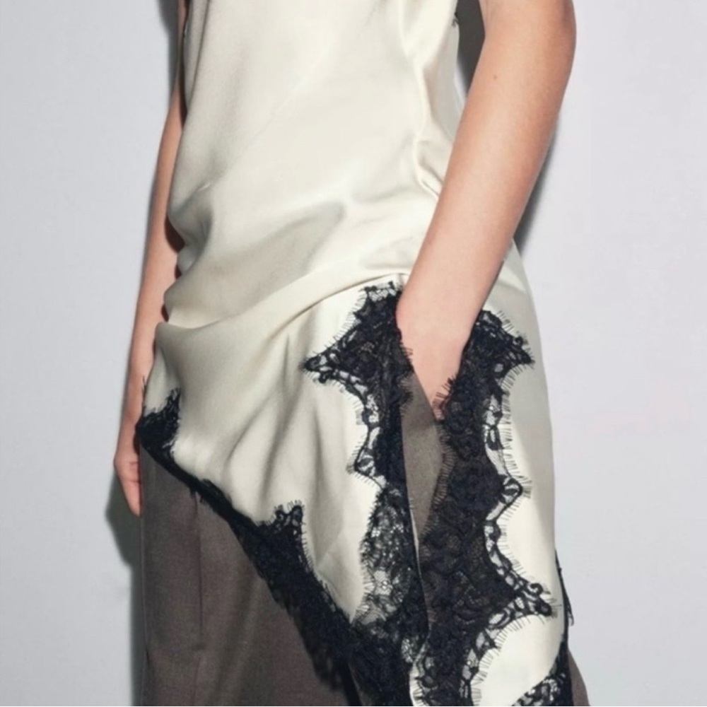 Cami NYC Silk Camisole Sleeveless Dress Top Ivory Asymmetrical Hem Black Lace - Picture 9 of 11